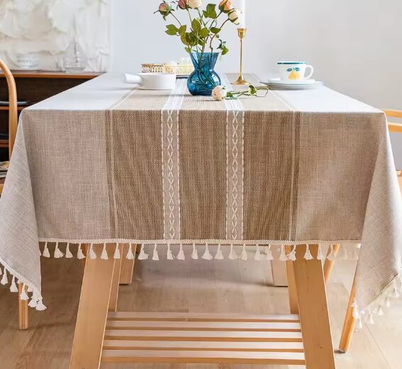 מפות מבד כותנה ופשתן עם פס דוג' ופרנזים